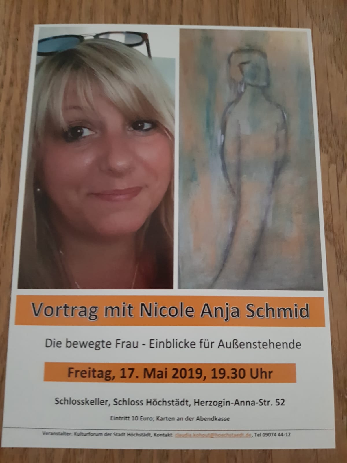 Flyer Kunstvortag mit Nicole Anja Schmid – Die bewegte Frau – Einblicke für Außenstehende