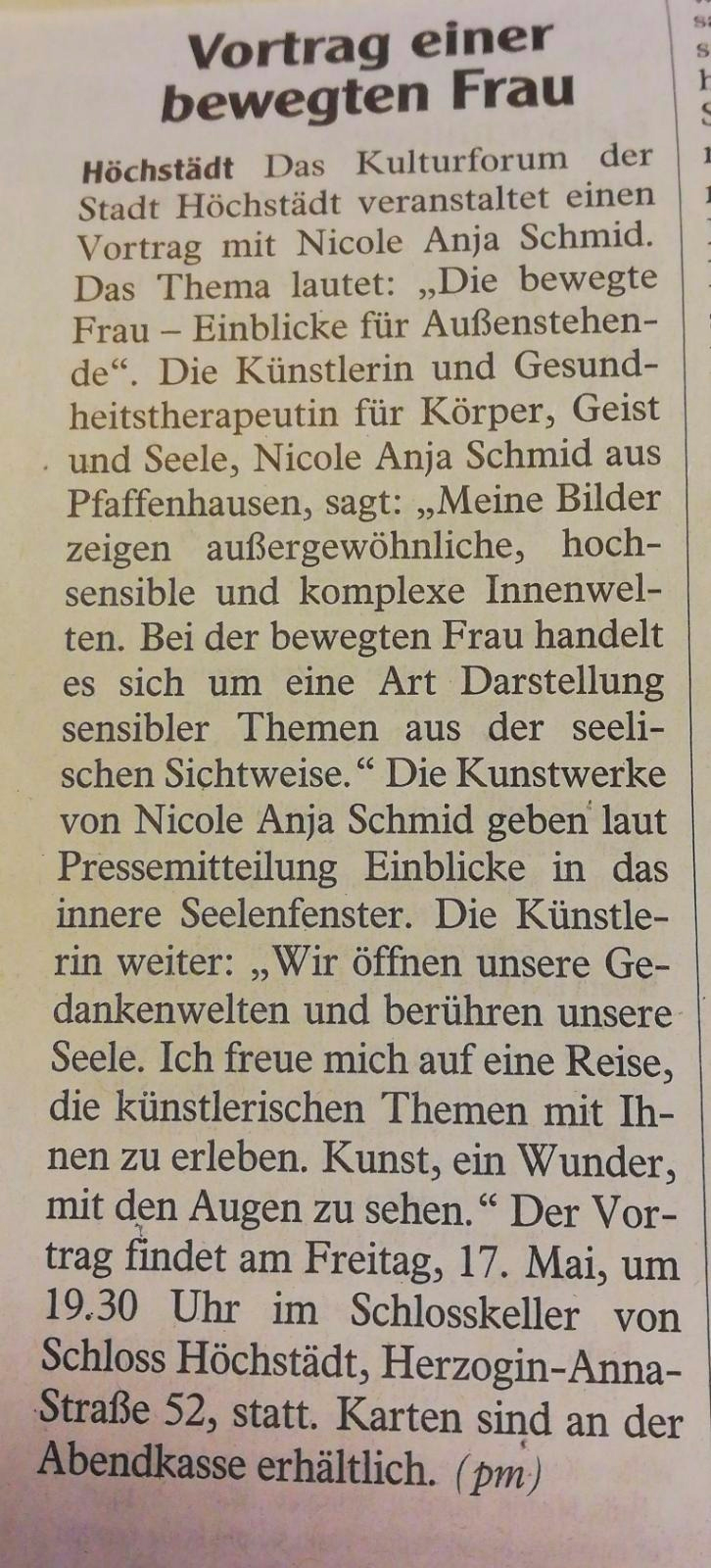 Presse Nicole Anja Schmid – Kunstausstellung: Die bewegte Frau (Freitag, den 17. Mai 2019, Einlass: 19:00, Schlosskeller, Schloss Höchstädt, Herzogin-Anna-Str. 52, 89420 Höchstädt)